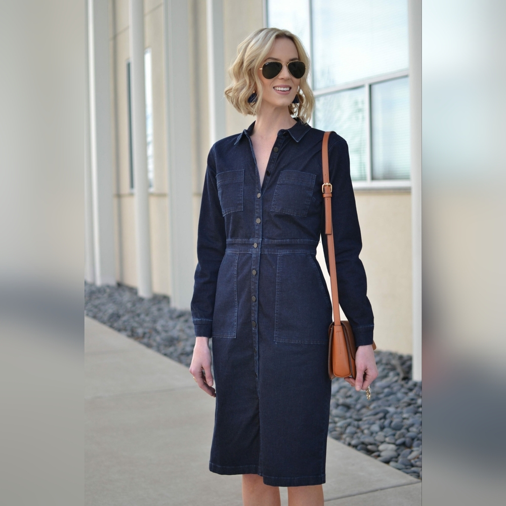 Ann Taylor Long Sleeve Stretch Denim Button Front Midi Dress Size 2